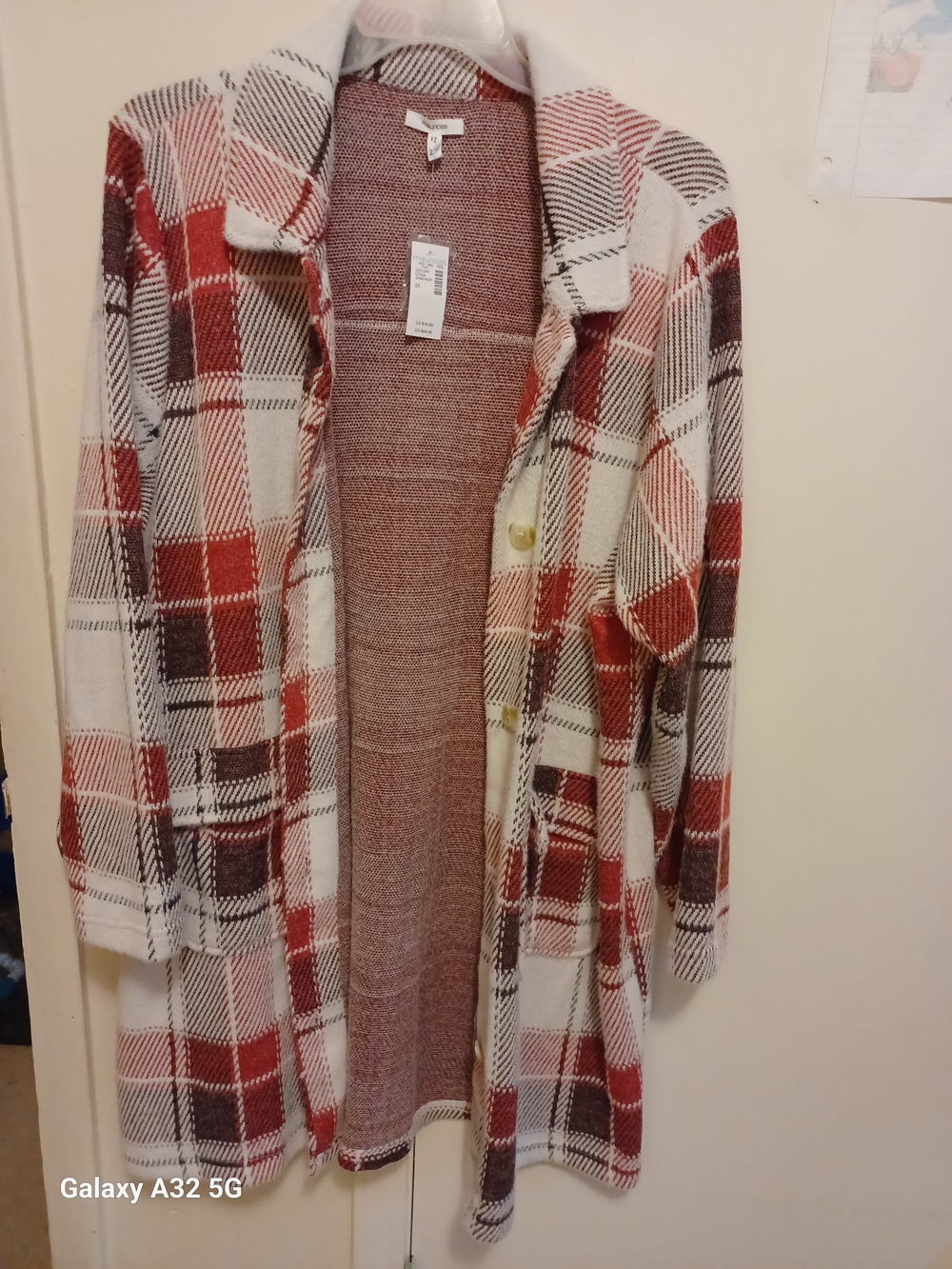 Maurices Red, White and Brown Plaid Knit Cardigan
